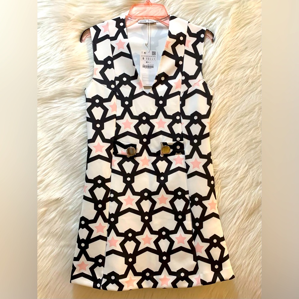 Zara mini dress Sleeveless White and Black with Pink stars Size Small